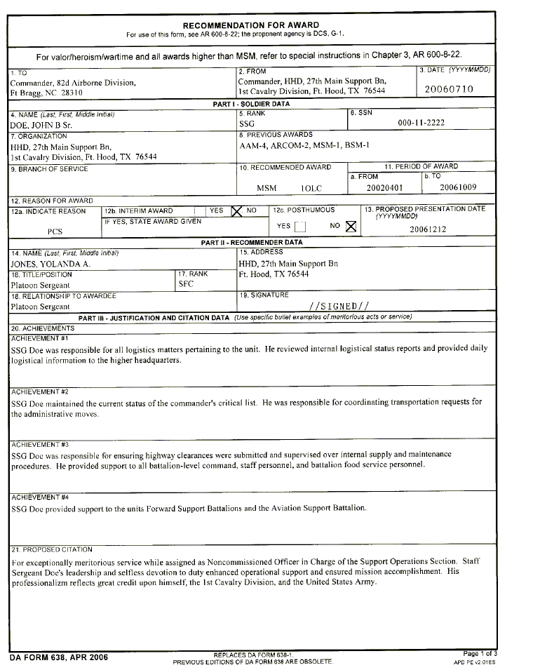 FRONT of DA Form 638, Recommendation For Award (AAM, ARCOM, ARCOM with ...