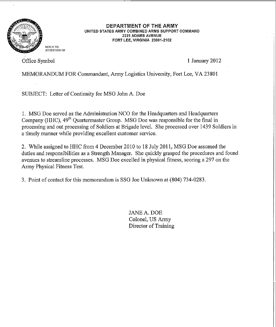 Letter of Continuity Example Pertaining To Army Memorandum Template Word