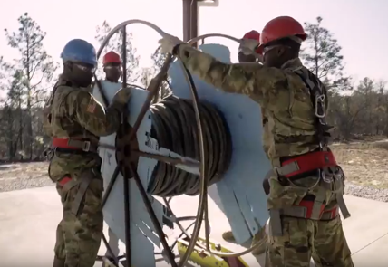 Soldiers installing cable
