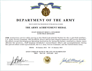 Army Achievement Medal certificate