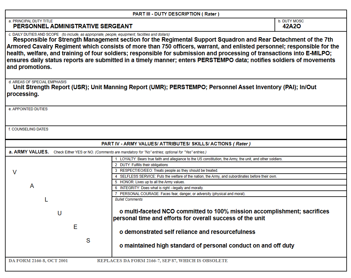 MOS 42A20, Human Resources Specialist NCOER, Page One