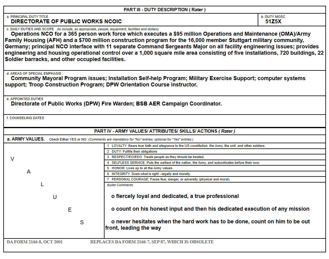 MOS 51Z, Contracting NCOER, Page One