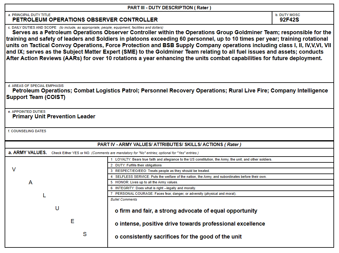 MOS 92F, Petroleum Supply Specialist NCOER, Page One