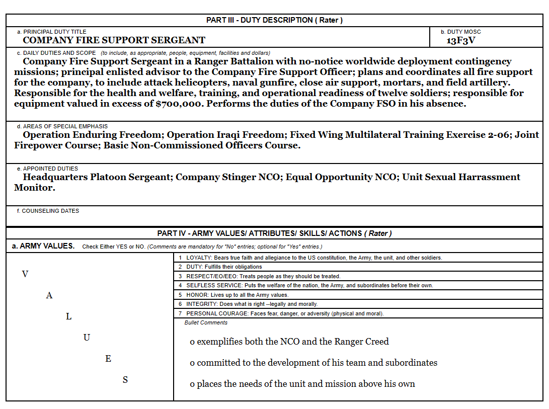 MOS 13F3V, Fire Support Sergeant NCOER, Page One