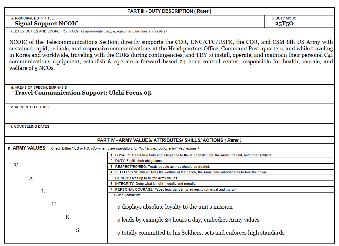 MOS 25T50, Signal Support NCOIC NCOER, Page One