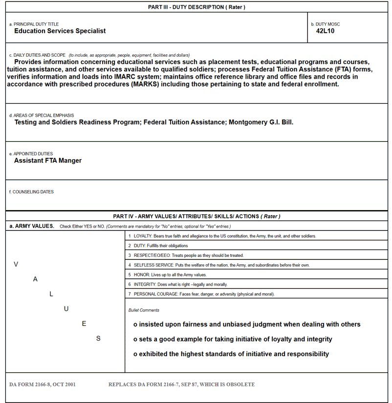 MOS 42L, Education Services Specialist NCOER, Page One